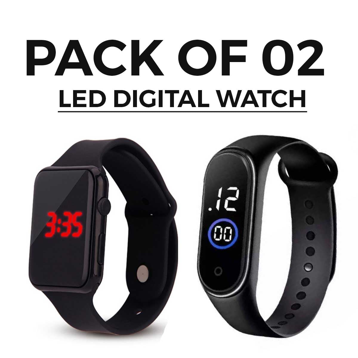 Pack of 2 Black Digital Square Wrist Watch LED Display.