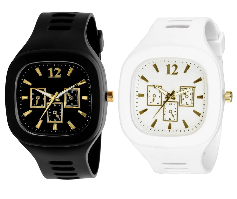 Pack of 2 Stylish Square Dial Smooth Silicon Straps Casual Watch.