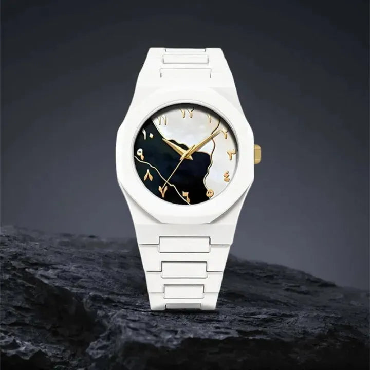 Arabic White Aura Watch  for Men Boys| Marble Textured 2025.