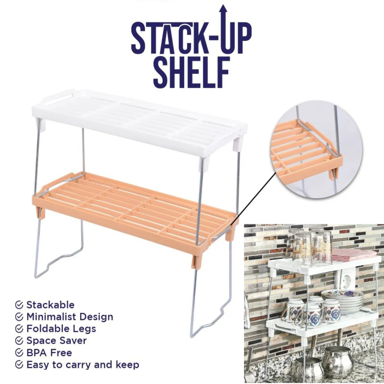1 Piece Stack up shelf, Folding Kitchen Organizer Cabinet Shelves
