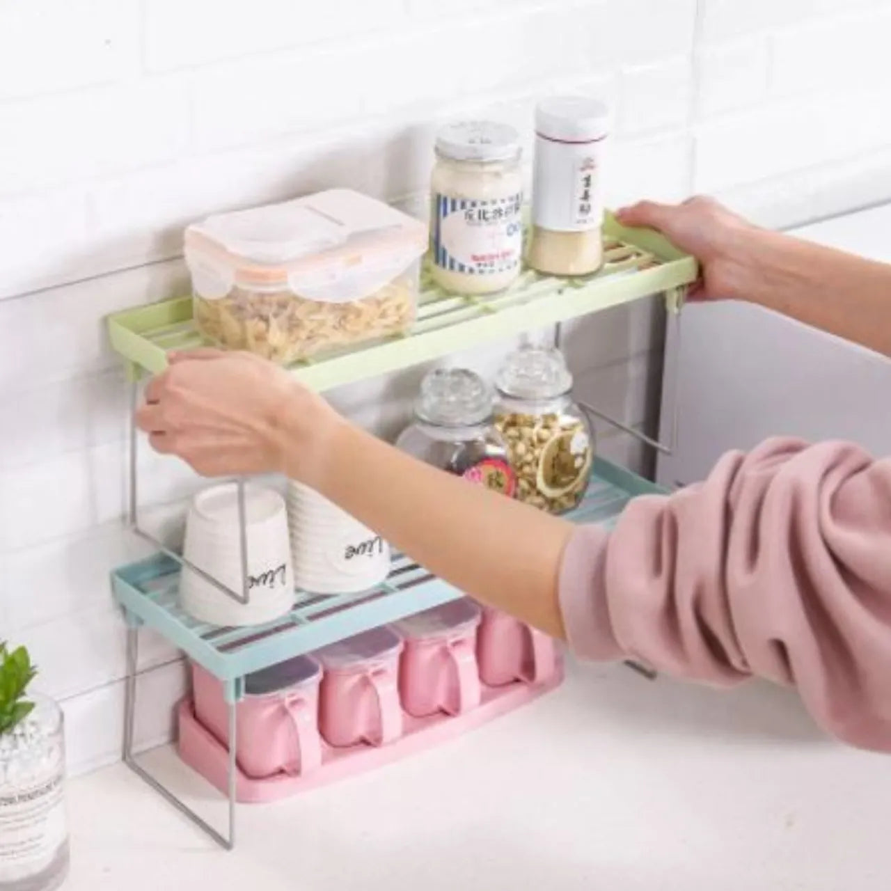 1 Piece Stack up shelf, Folding Kitchen Organizer Cabinet Shelves