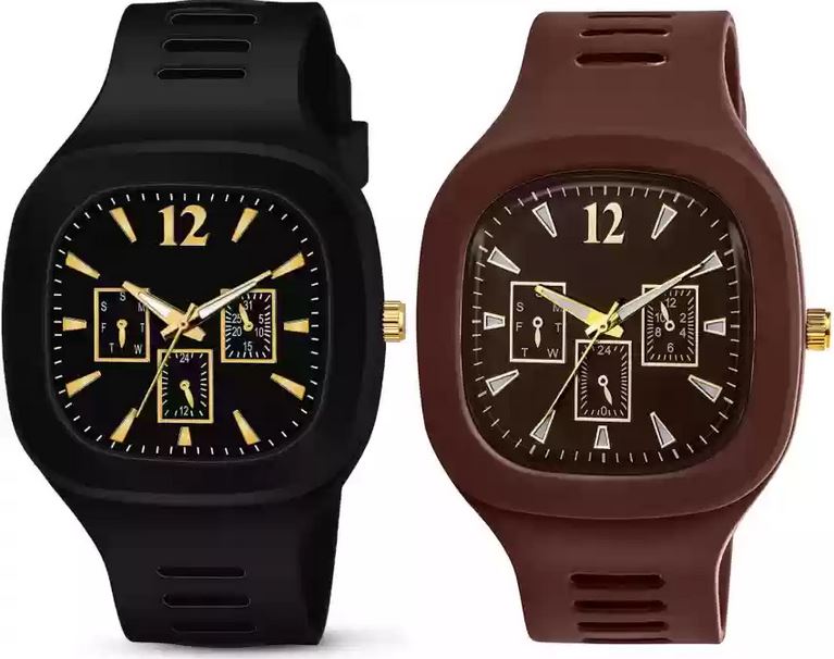 Pack of 2 Stylish Square Dial Smooth Silicon Straps Casual Watch.