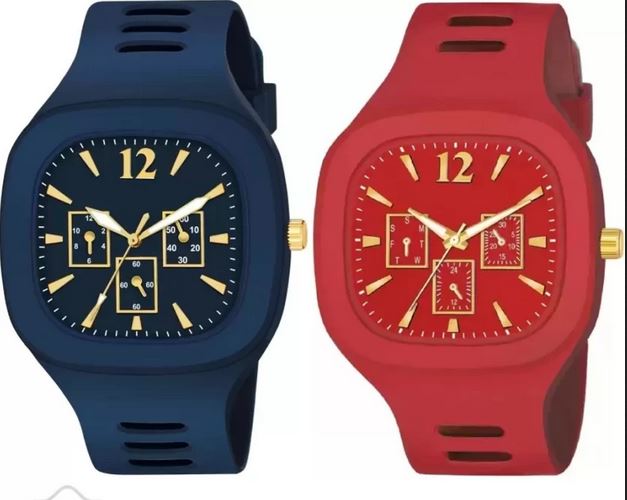Pack of 2 Stylish Square Dial Smooth Silicon Straps Casual Watch.